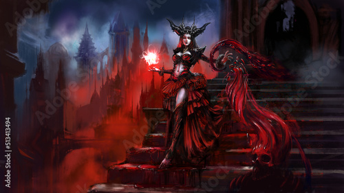 A beautiful ancient demoness vampire uses blood magic to create a skeleton warrior in a gothic castle as she descends the forest. Digital drawing style, 2D illustration