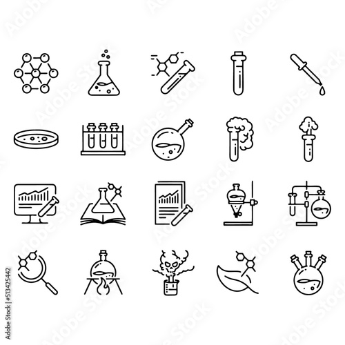 Chemistry and laboratory related line icon set. Science and scientific equipment linear icons. Lab and experiment outline vector sign collection.
