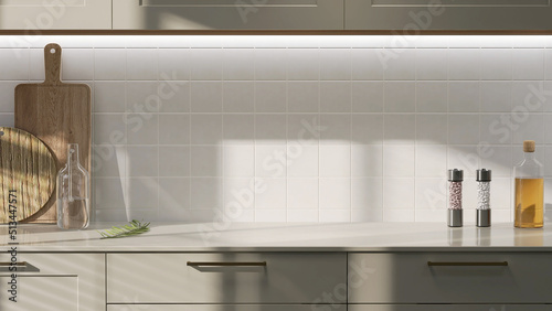 Realistic 3D render close up blank empty space countertop in modern grey build in kitchen cabinet set for household products display with white ceramic wall tiles in background. Sunlight, utensils.