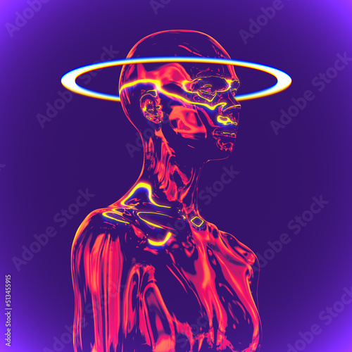 Abstract illustration from 3D rendering of chrome reflecting female bust figure with white halo light ring isolated on background in vaporwave style color palette gradient.