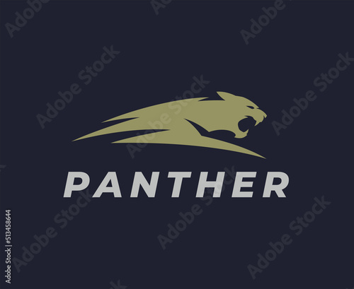 Panther logo design. Jaguar roaring icon. Lion roar symbol. Cougar fang emblem. Abstract wild cat attack brand identity label. Vector illustration.
