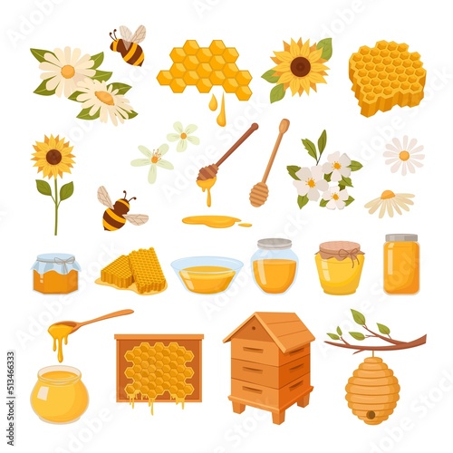 apiary. honey comb jar with liquid helthy food apiary bee flowers. Vector cartoon pictures collection