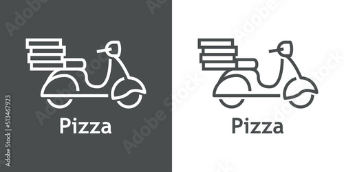 Logo reparto de comida a domicilio. Vector con silueta de scooter con cajas de pizza con líneas. Fondo gris y fondo blanco