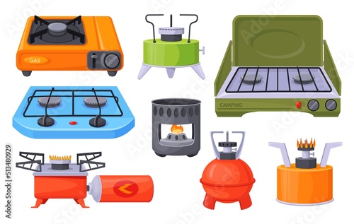 Camping stove. Cartoon gas camp burner, portable indoor cooker, outdoor furnace for picnic cooking on heat flame propane hob butane fire travel stoves cook neat vector illustration