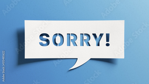 Sorry message to express regret, remorse, apology for error, mistake, guilt and request forgiveness. Concept with word written in cut out paper in shape of speech bubble with blue background.