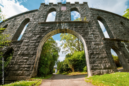 Mccaig's Tower, Scotland, UK, also known as McCaig's Folly, is a prominent tower on Battery Hill overlooking the town of Oban in Argyll. Built in 1897 by local banker John Stuart McCaig.