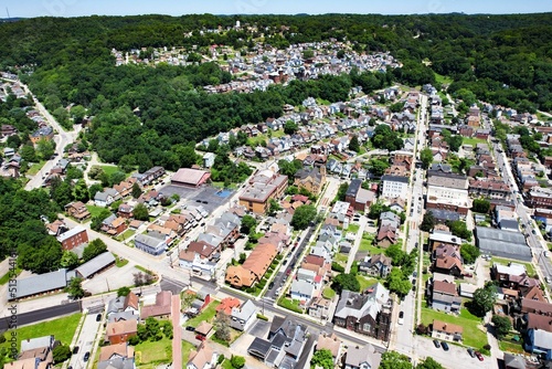 Bird's eye view of the residential area surrounded by green vegetation. Pittsburgh, Pennsylvania.
