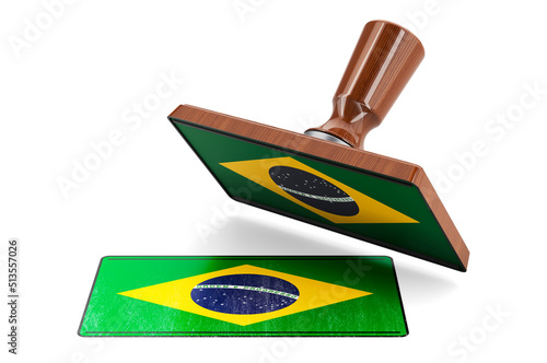 Wooden stamper, seal with Brazilian flag, 3D rendering
