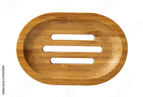 Bamboo soap dish cutout. Empty wooden soap holder isolated on a white background. Plastic free bathroom accessories. Eco-friendly lifestyle. Living green concept.