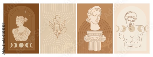 Set of abstract posters with goddess statue, abstract shapes, mystical elements and plants. The Diana of Versailles one line art. Illustration for social media, posters, invitation etc. Vector.