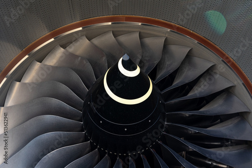 Detail of turbofan jet engine, close-up.