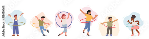 Set of Children Exercising with Hula Hoop, Little Male or Female Characters Rolling Rings on Waist. Recreation, Activity