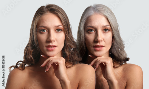 Portrait of beautiful young and mature woman on light background. Process of aging