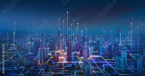 Smart city and abstract line and dot connect with gradient line design , big data connection technology concept. 3d render