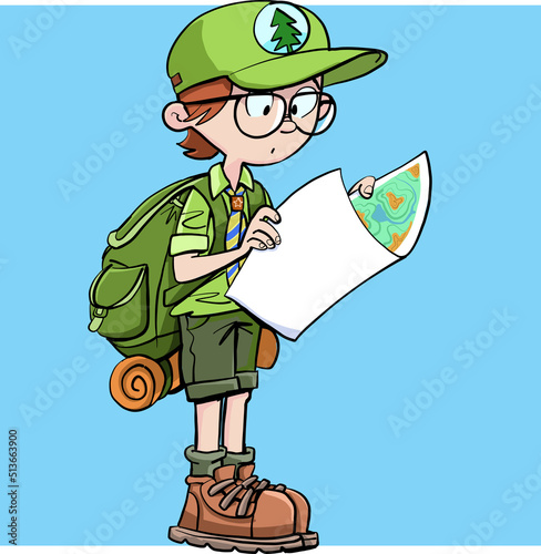 boy scout with a backpack on his back looks at a topographic map