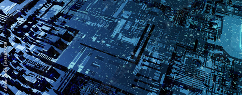 Futuristic electronics processor or IC circuit pattern surface. Abstract sci-fi hi-tech equipment or facility background. Blue surface. 3D Illustration,3D rendering.