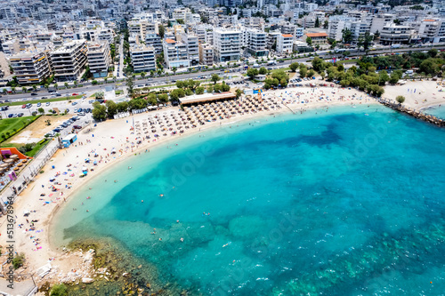 Aerial view of the popular Kalamaki beach at the south riviera of Athens, Greece