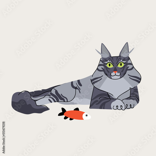 Norwegian forest cat with toy fish on beige background. Pet animal character vector illustration