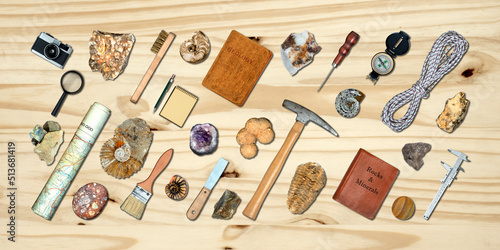 Topview of Set Fieldwork Geology Tools on Table Background