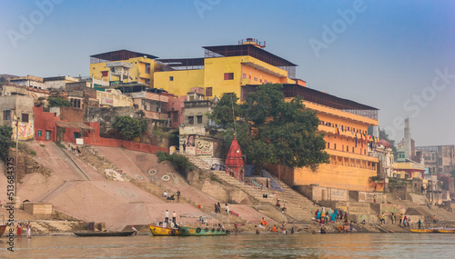 Colorful buildings at the Ganges river in Varanasi, India