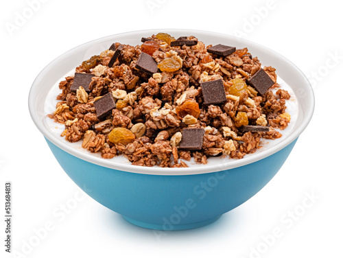 Chocolate granola with milk isolated on white background