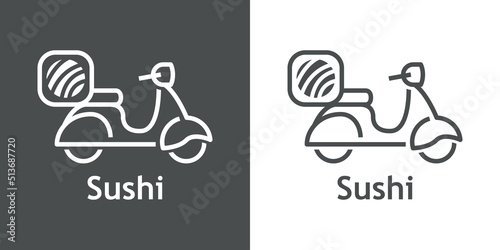 Logo reparto de comida a domicilio. Sushi japonés. Vector con silueta de scooter con texto Sushi con líneas. Fondo gris y fondo blanco