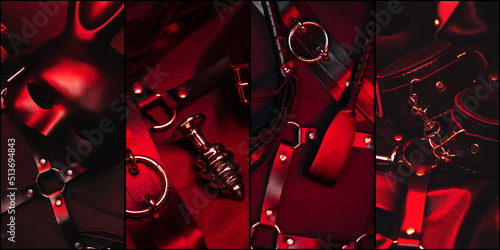 Sex toys for BDSM sex with submission and domination. Collage concept with mask, whip, handcuffs and anal plug