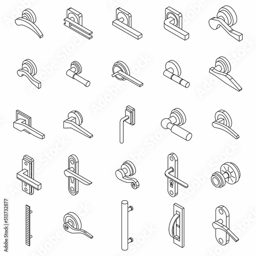 Door handles icons set. Isometric set of door handles vector icons thin line outline on white isolated