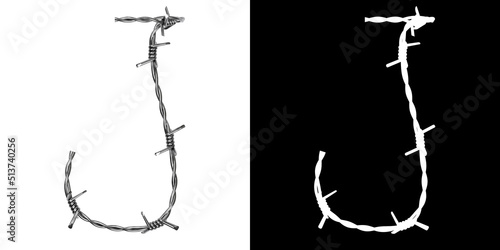 Letter J made of twisted metal barbed wire, isolated on white with clipping mask, 3d rendering