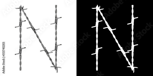 Letter N made of twisted metal barbed wire, isolated on white with clipping mask, 3d rendering