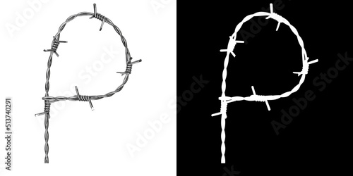 Letter P made of twisted metal barbed wire, isolated on white with clipping mask, 3d rendering