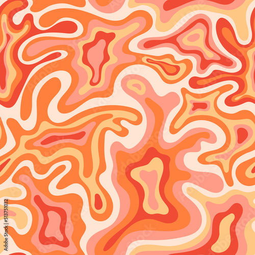 Abstract seamless swirl pattern. 60s, 70s style groovy background with waves and blobs. Psychedelic hippie texture