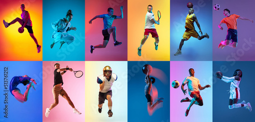 Collage of professional sportsmen in action and motion isolated on multicolored background in neon light. Flyer. Advertising, sport life concept