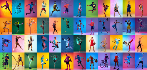 Group of professional sportsmen and kids with sport equipment isolated on multicolored background in neon light. Flyer. Advertising, sport life concept