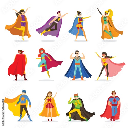 Vector illustrations in flat design of female and male superheroes in funny comics costume