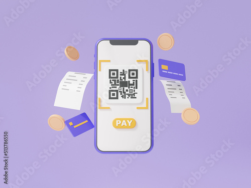 QR code scanning via mobile phone with bill coin floating on purple background. pay money or online payment, shopping special concept. digital transaction financial. Minimal cartoon. 3d rendering