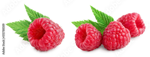 Ripe raspberry with leaf isolated on a white background. Set or collection