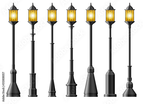 Set of black realistic street light. Street lamp. Vintage lamp
