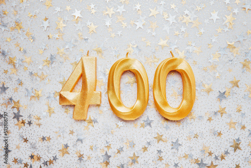 400 four hundred followers card golden birthday candle on Festive Background. Template for social networks, blogs. Social media celebration banner. 400 online community fans. four hundred subscriber