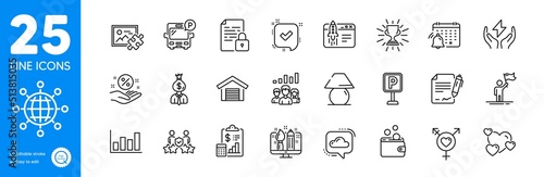 Outline icons set. Puzzle image, Notification calendar and Report icons. Confirmed, Parking, Cloud communication web elements. Genders, Trophy, Security agency signs. Safe energy. Vector
