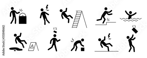 Accident pictogram man icon. Work safety, injury caution, hazard pictogram sign set. Warning, danger icon stick man vector illustration.