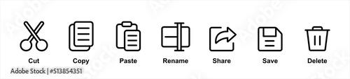 Cut, copy, paste, rename, share, save and delete icon symbol collection in line and glyph style,