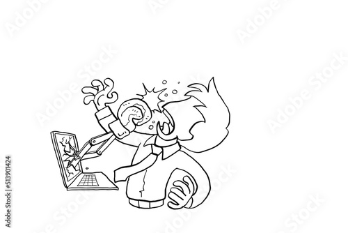 Problematic laptop puch bac the businessman. Concept for computer error. Cartoon vector illustration design