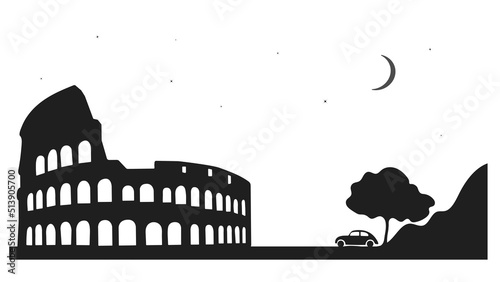 Vector black illustration of Rome silhouette with colosseum car and tree