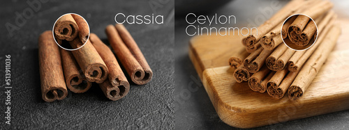 Collage with photos of cassia and ceylon cinnamon sticks on black table, closeup. Banner design