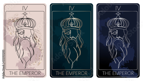The Emperor. A card of Major arcana one line drawing tarot cards. Tarot deck. Vector linear hand drawn illustration with occult, mystical and esoteric symbols. 3 colors. Proposional to 2,75x4,75 in.