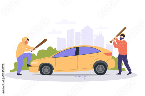 Young vandals in masks destroying car flat vector illustration. Two men, hooligans or robbers in hoodies beating auto with club. Vandalism, damage, criminal, destruction, aggression concept