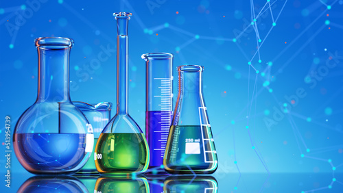 Glass chemistry lab equipment on blue background. Chemistry Lab concept. 3d 