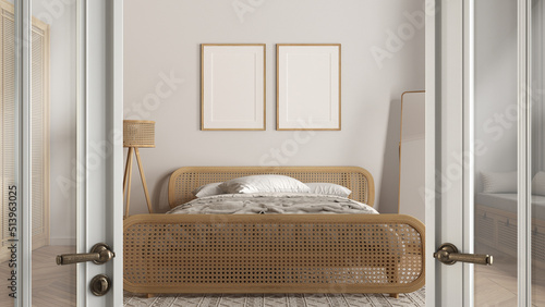 Classic white glass door opening on classic provencal bedroom with rattan bed, lamps and decors, frame mockup, welcome home concept, interior design idea