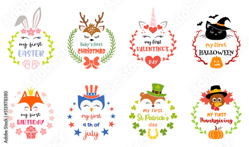 Kids illustration with cute baby animals for all the first holidays in a baby's life. Holiday symbols for children. Set of vector girly designs. Faces of unicorns with the inscription my first holiday